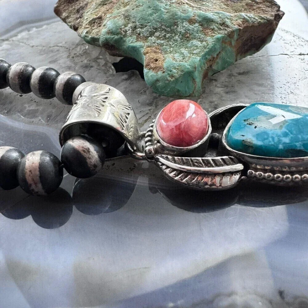 Native American Sterling Oval Orange Spiny Oyster W/Triangular Turquoise Pendant